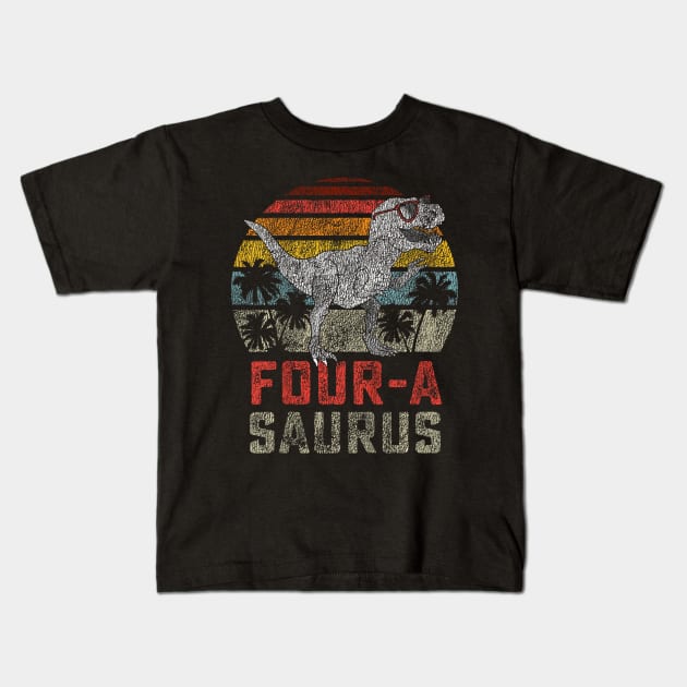 Four a Saurus Birthday T Rex Year Old Dino 4th Dinosaur Kids T-Shirt by Saboia Alves